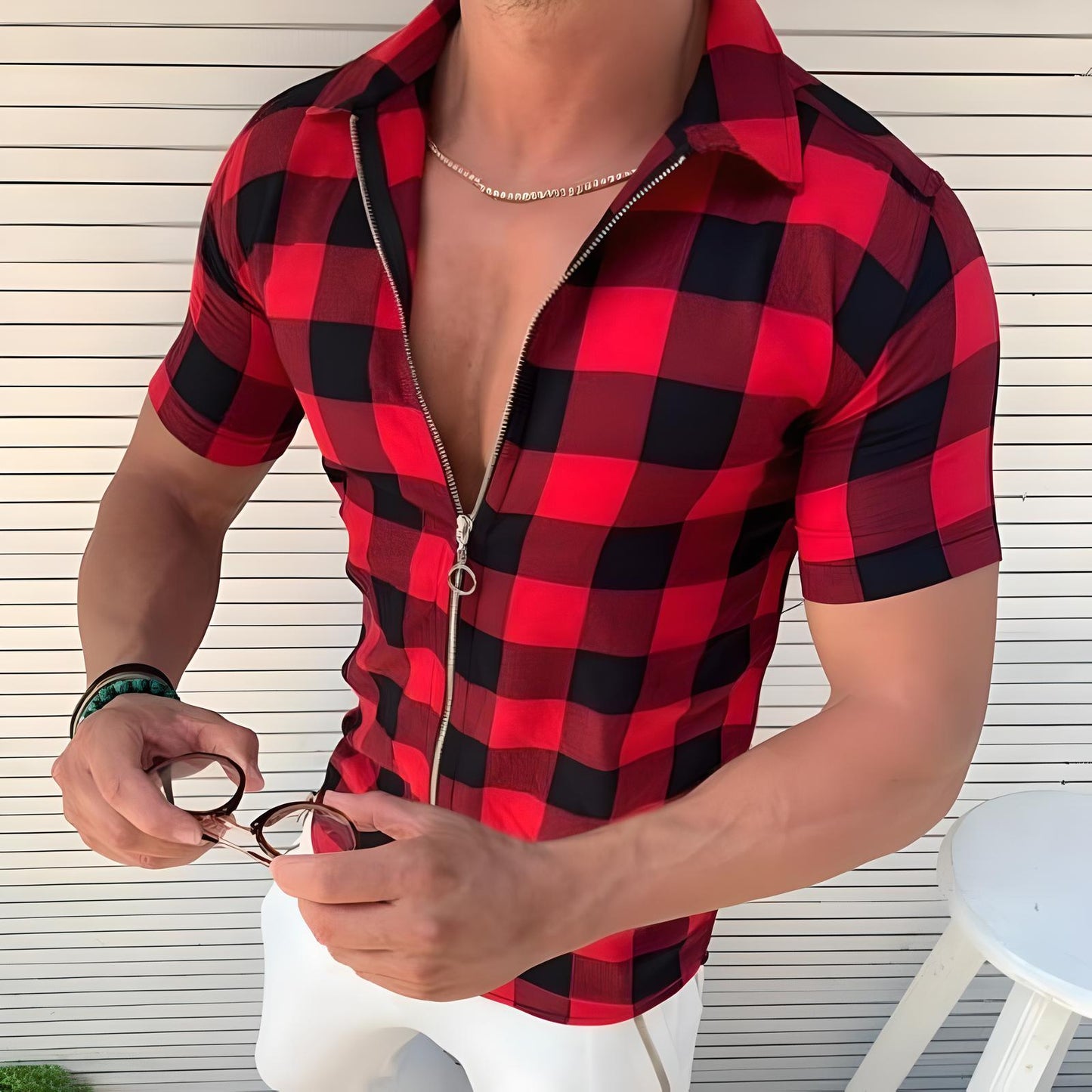 Nolan | Plaid Zipper Short Sleeve T-Shirt