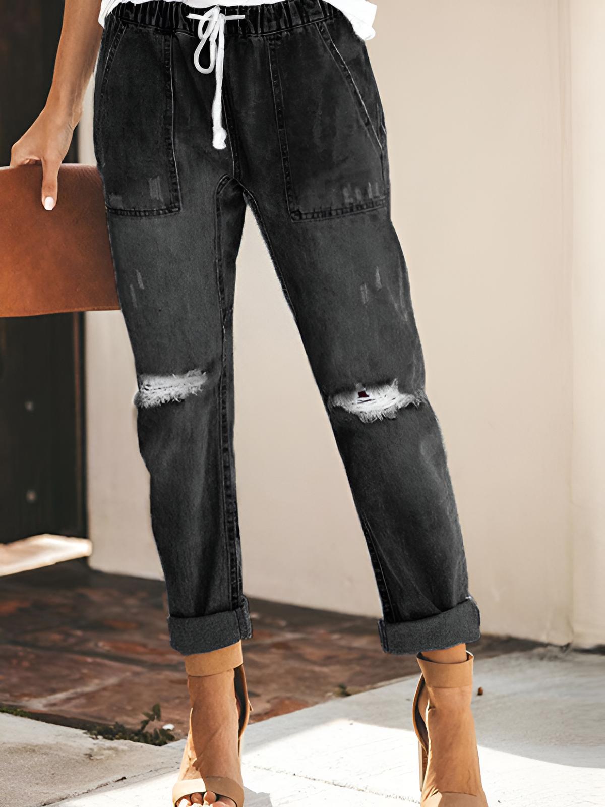 Bria | Straight Ripped Drawstring Jeans