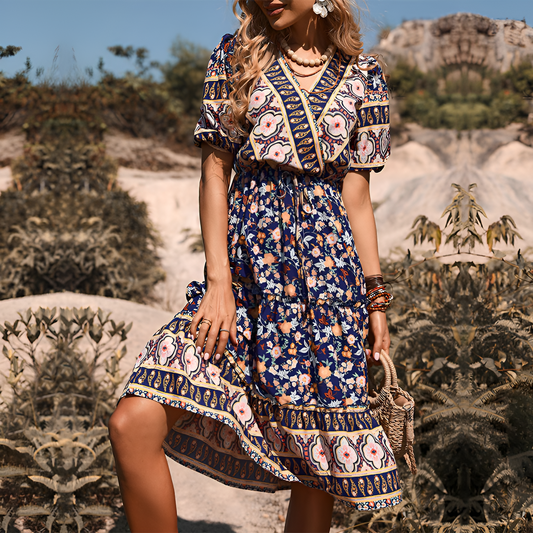 Mira | Women’s Printed V-Neck Boho Midi Dress