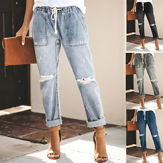 Bria | Straight Ripped Drawstring Jeans