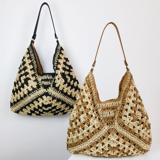 Greer | Handmade Straw Woven Contrast Shoulder Bag