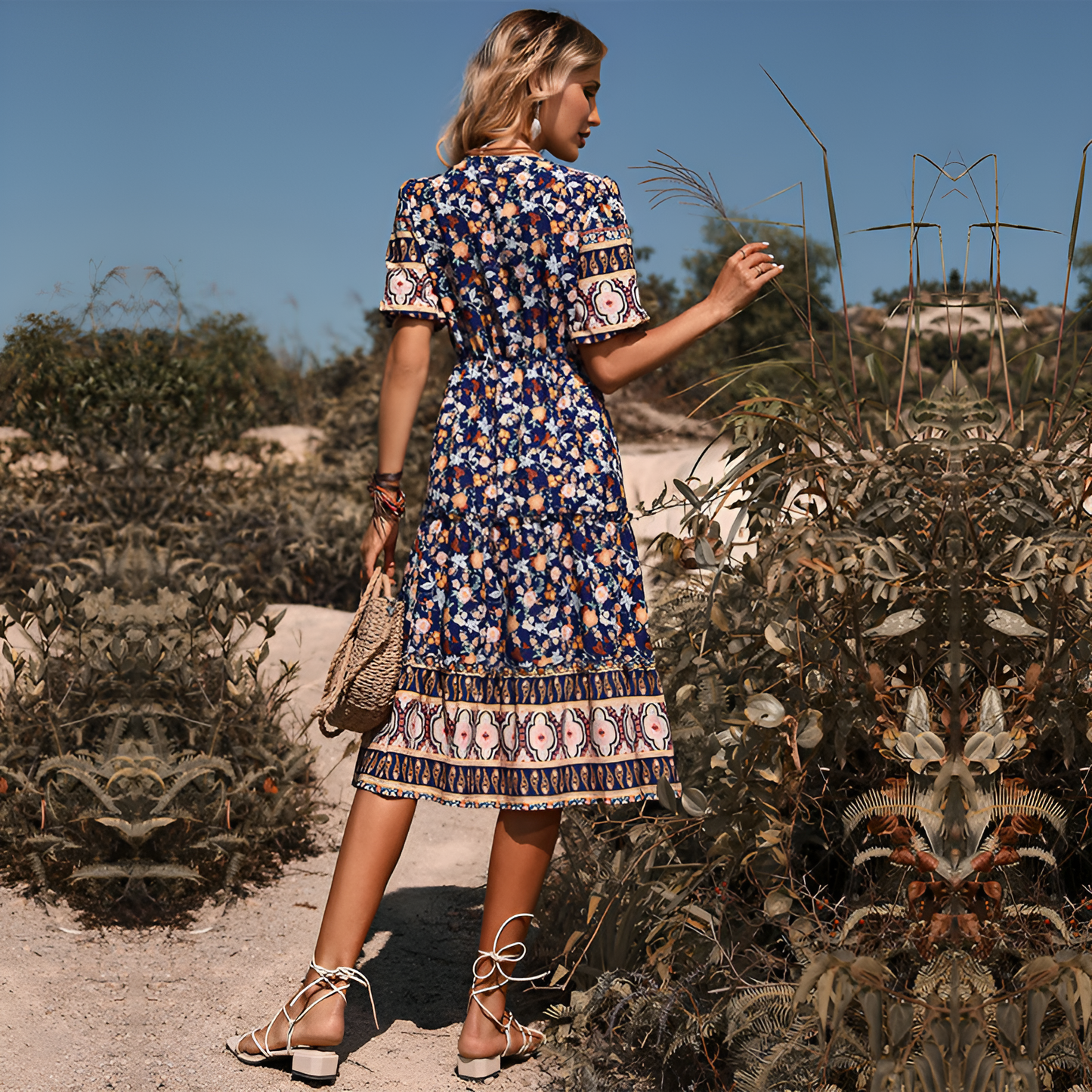 Mira | Women’s Printed V-Neck Boho Midi Dress