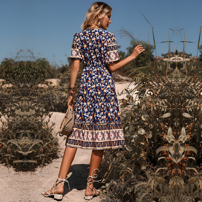 Mira | Women’s Printed V-Neck Boho Midi Dress