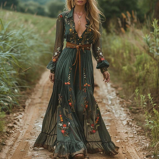 Sierra | Bohemian Floral Maxi Dress for Women – Fall Long Sleeve Vintage Flowy Gown