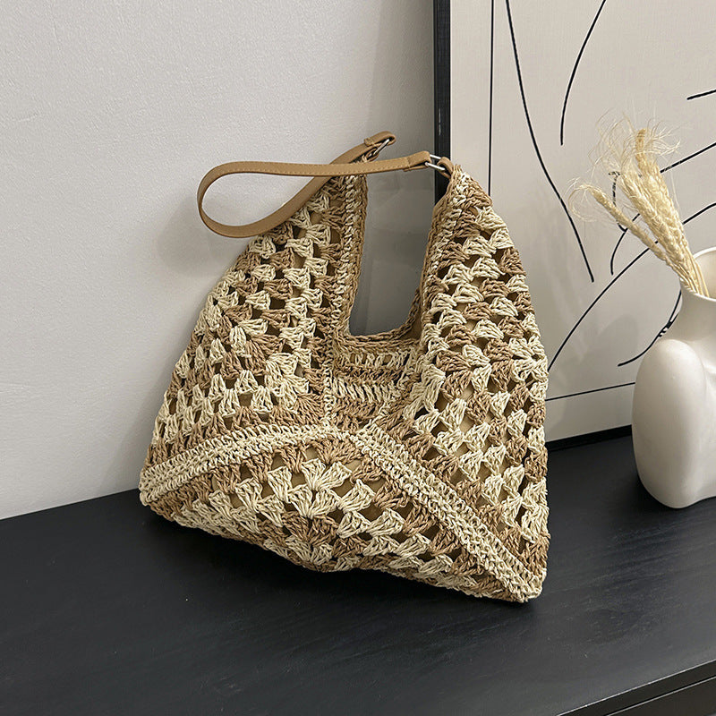 Greer | Handmade Straw Woven Contrast Shoulder Bag