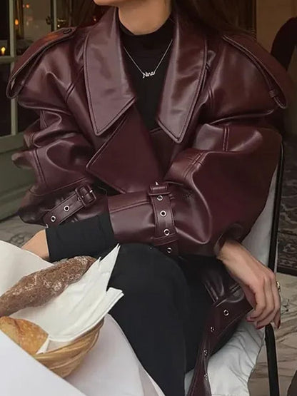 Rhea | Women’s Loose Lapel Cropped Leather Jacket Streetwear