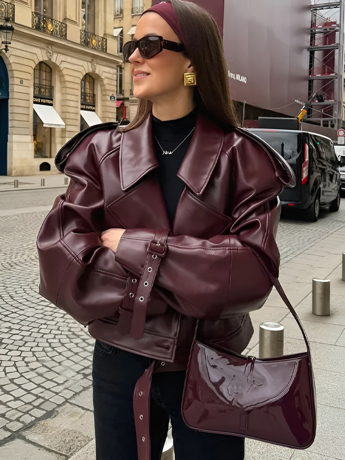 Rhea | Women’s Loose Lapel Cropped Leather Jacket Streetwear