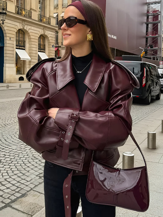 Rhea | Women’s Loose Lapel Cropped Leather Jacket Streetwear