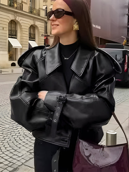 Rhea | Women’s Loose Lapel Cropped Leather Jacket Streetwear