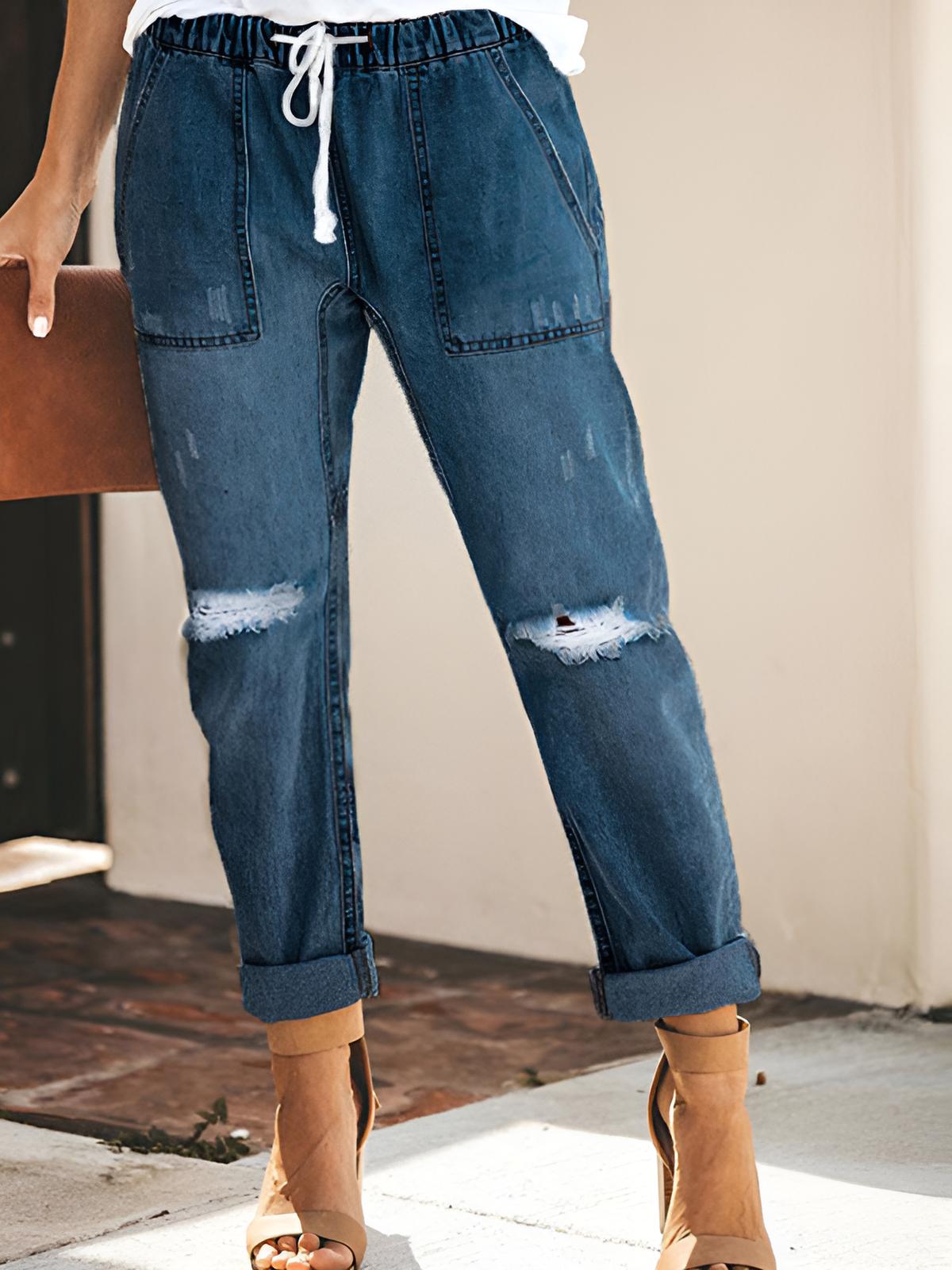 Bria | Straight Ripped Drawstring Jeans