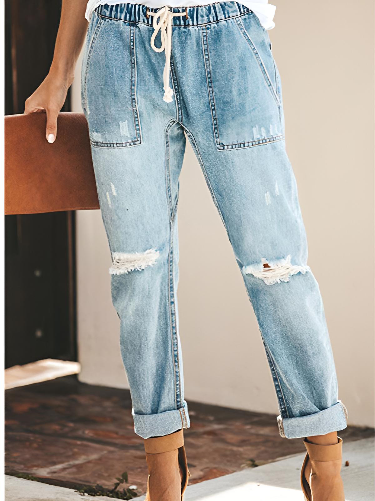 Bria | Straight Ripped Drawstring Jeans