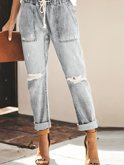 Bria | Straight Ripped Drawstring Jeans