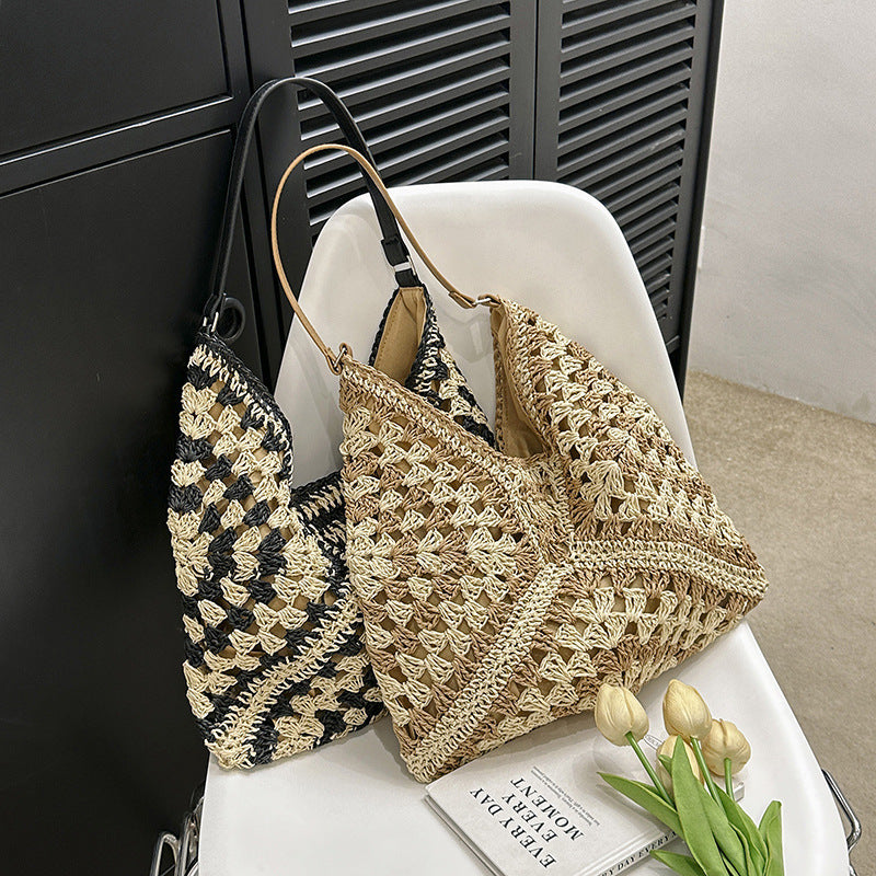 Greer | Handmade Straw Woven Contrast Shoulder Bag