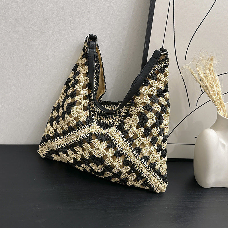 Greer | Handmade Straw Woven Contrast Shoulder Bag