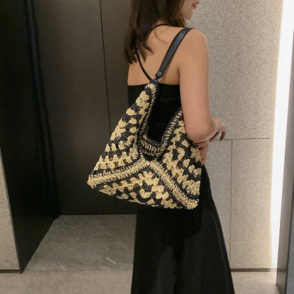 Greer | Handmade Straw Woven Contrast Shoulder Bag