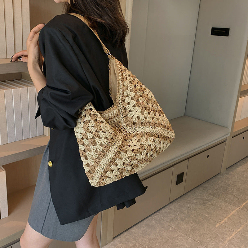 Greer | Handmade Straw Woven Contrast Shoulder Bag